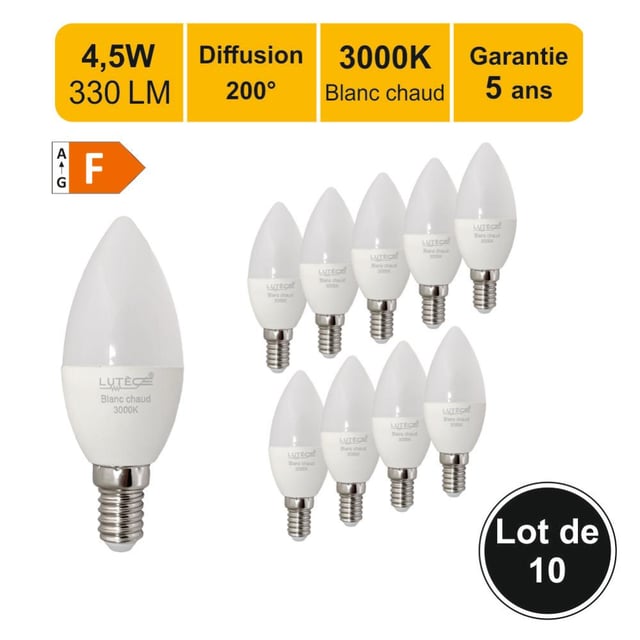 Lot de 10 ampoules LED E14 4,5W 330Lm 3000K - garantie 5 ans