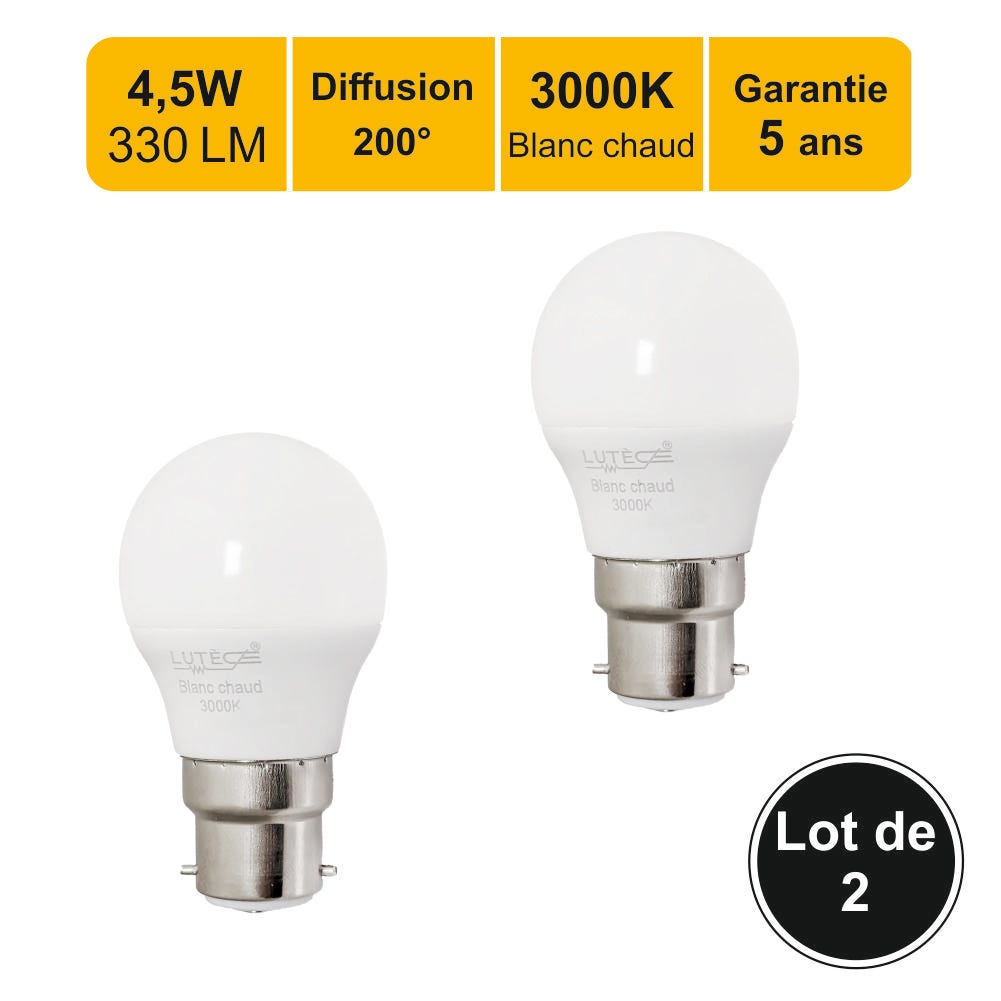 Pack de 2 ampoules led B22 4 watt (eq. 30 watt) - Couleur eclairage - Blanc  chaud 3000°K