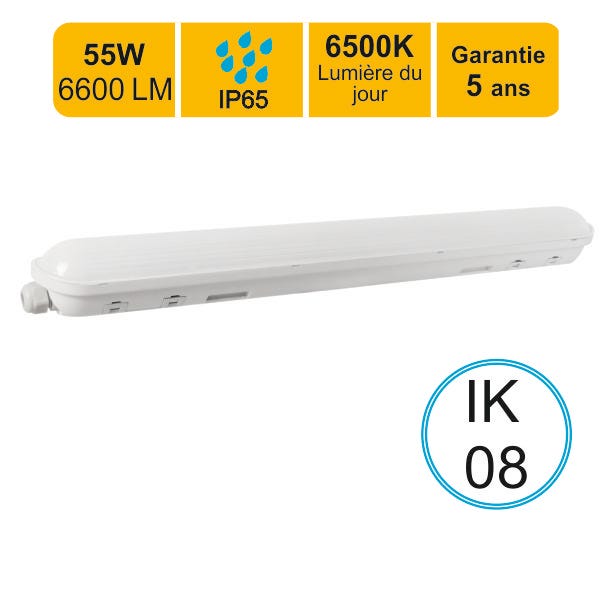 Réglette LED étanche 1500mm 55W 6600 LM 6500K IP65 - interconnectable -  garantie 5 ans