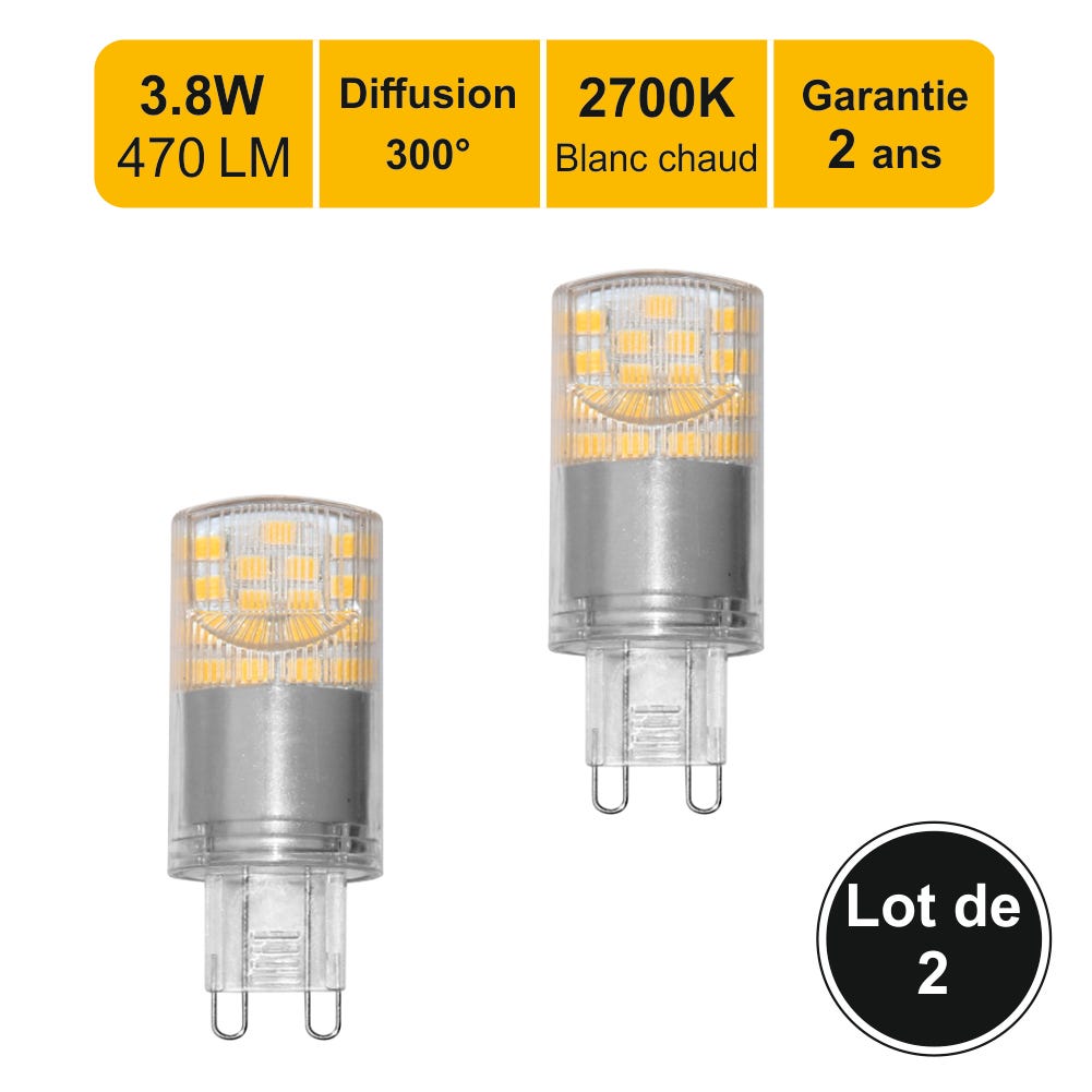 Lot de 2 ampoules LED G9 3,8W capsule 470Lm 2700K - garantie 2 ans