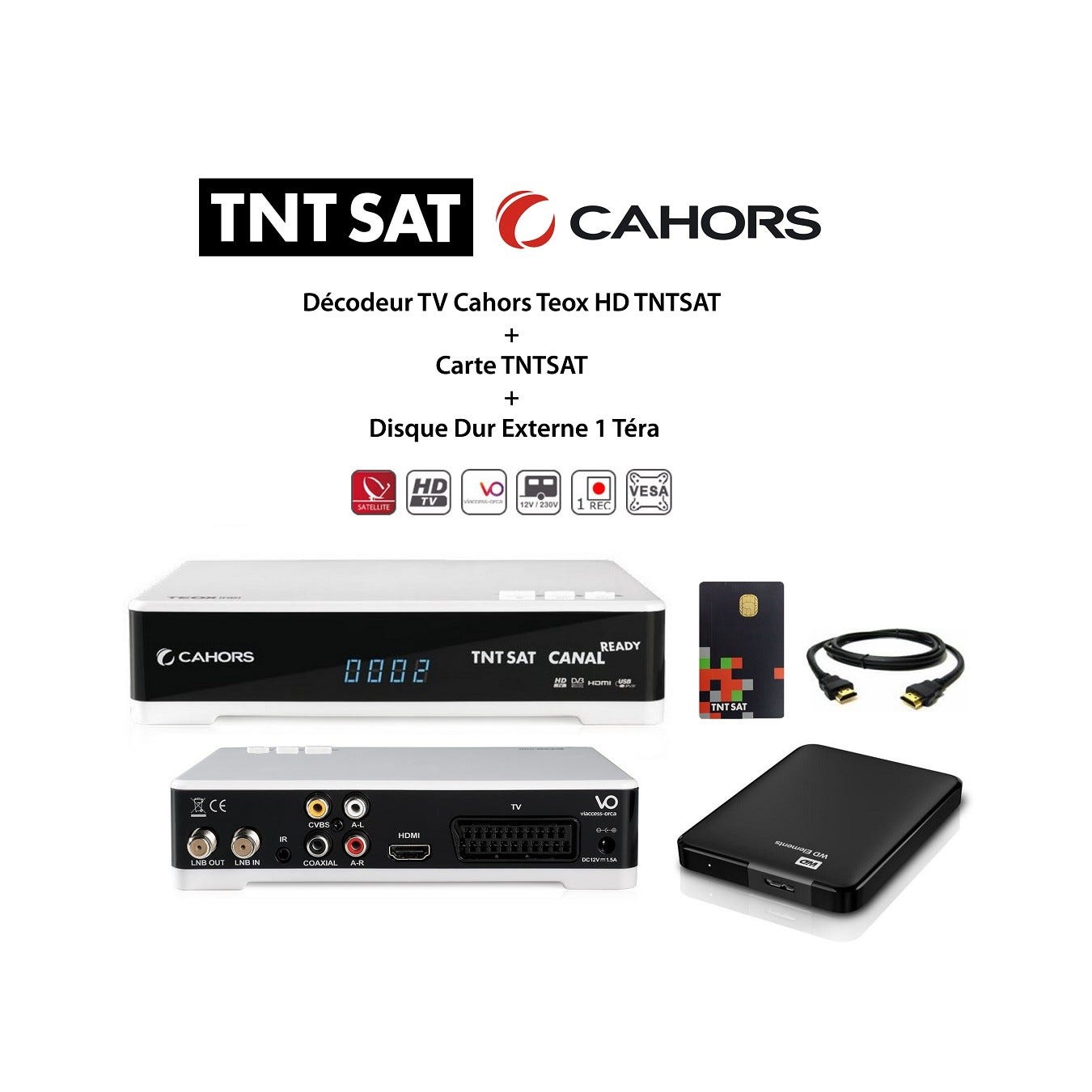 Pack Décodeur TV Cahors Teox HD TNTSAT + Carte TNTSAT + Disque Dur Externe  1 Téra