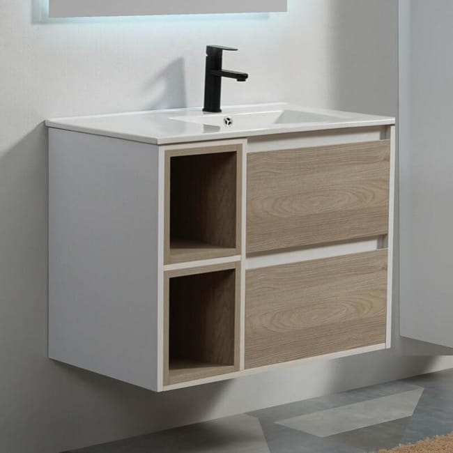 Meuble De Salle De Bain 2 Tiroirs 2 Niches Blanc Et Chene Gris Vasque 80x46 Cm Scandinave Leroy Merlin