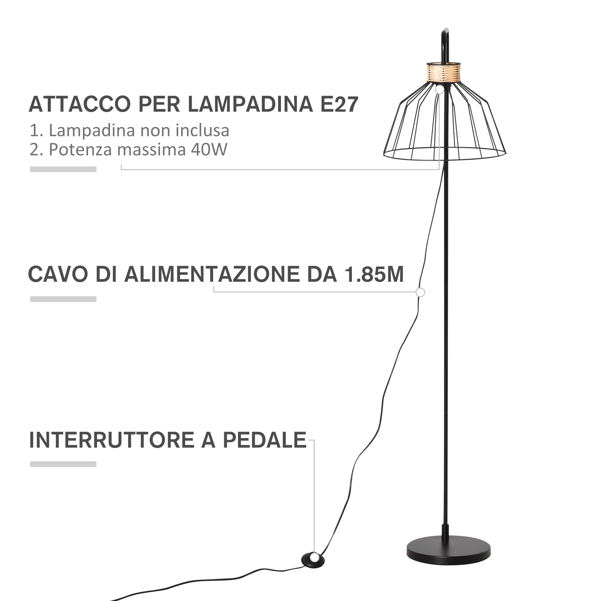 Homcom Lampada Da Terra Di Design Stile Industriale In Metallo E Rattan, Illuminazione Casa E Ufficio, 44x34x154cm, Nero - 3