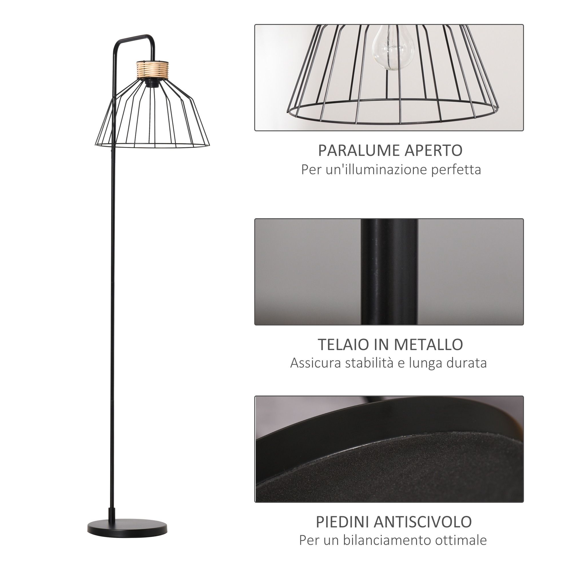 Homcom Lampada Da Terra Di Design Stile Industriale In Metallo E Rattan, Illuminazione Casa E Ufficio, 44x34x154cm, Nero - 4