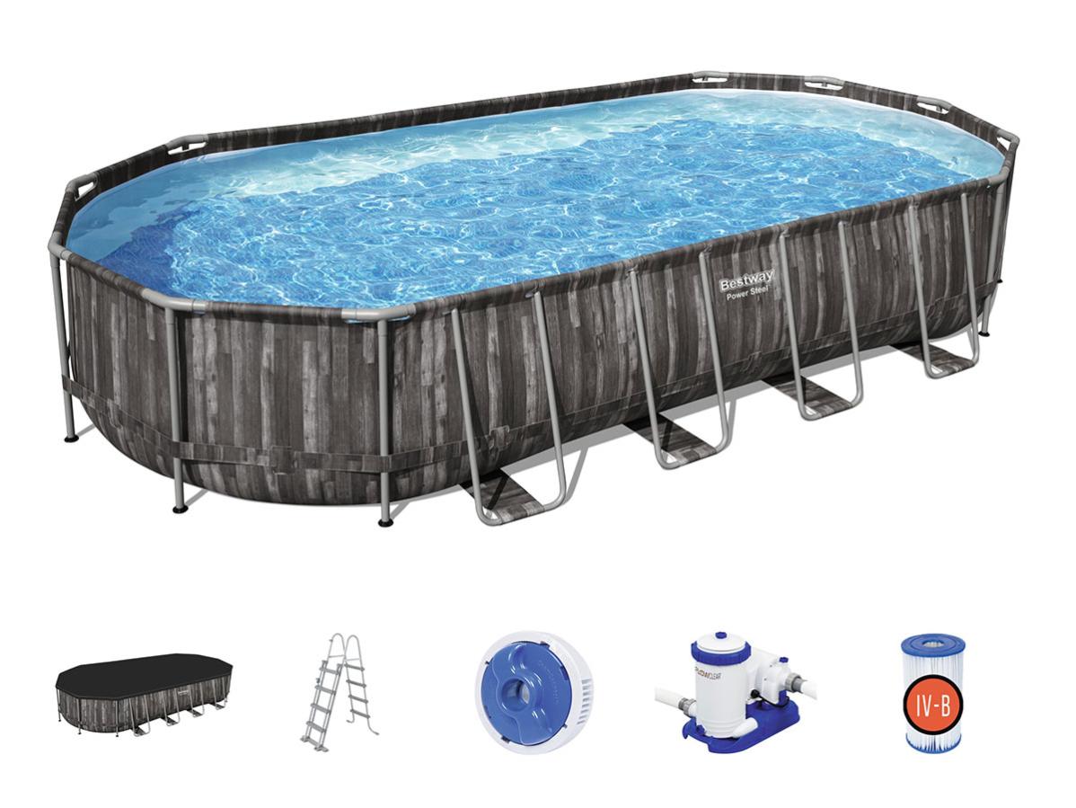 Kit Piscine Hors Sol Tubulaire Bestway - Power Steel - 732 X 366 X 122 Cm - Ovale (Pompe De Filtration, Échelle, Bâche)