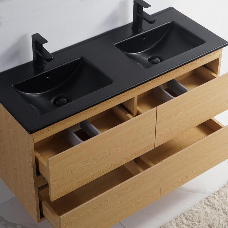 Meuble De Salle De Bain 4 Tiroirs Chene Clair Double Vasque Ceramique Noir Mat 120x46 Cm Ba Leroy Merlin