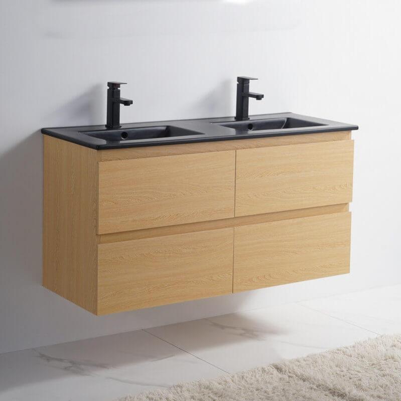 Meuble De Salle De Bain 4 Tiroirs Chene Clair Double Vasque Ceramique Noir Mat 120x46 Cm Ba Leroy Merlin