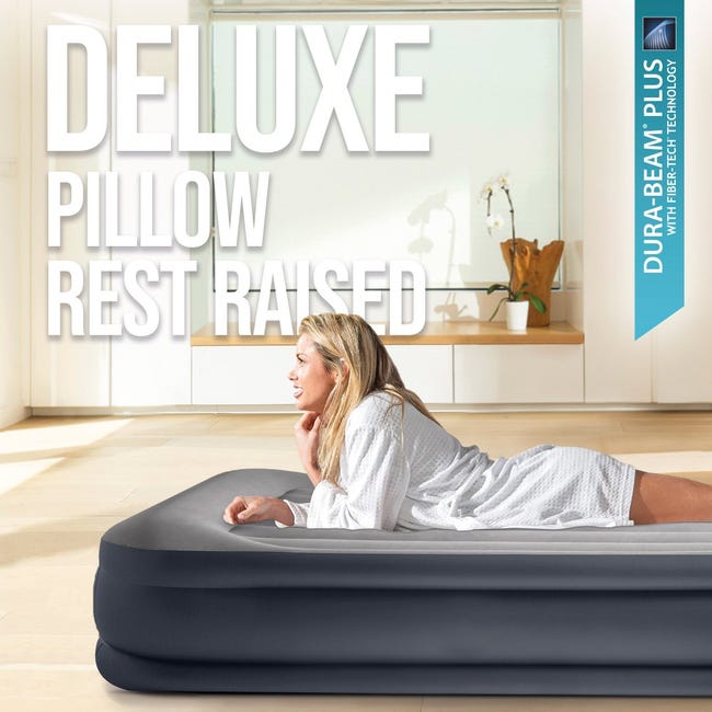 Intex 64132ND - Materasso Gonfiabile Dura-Beam Pillow Rest Deluxe Singolo,  Bicolore, con Pompa Elettrica Incorporata, 99x191x42 cm