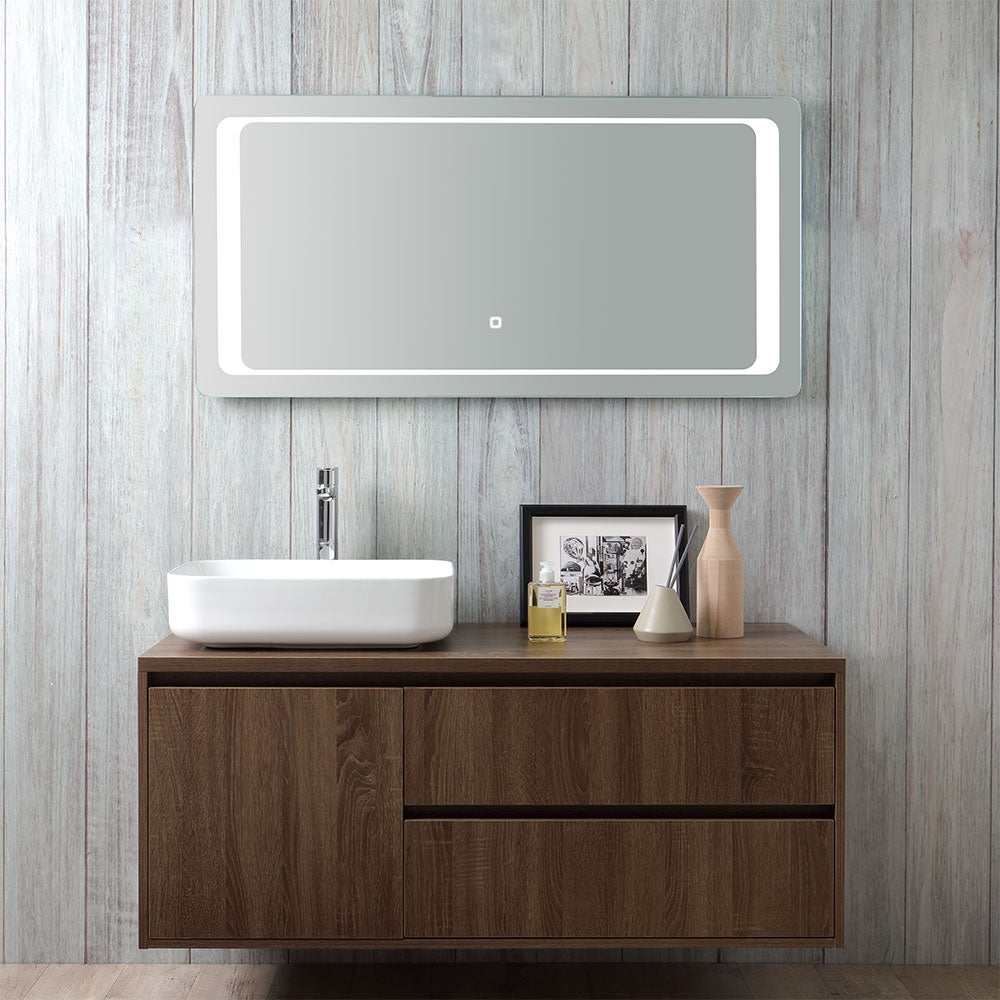 MOBILE BAGNO IN LEGNO NOCE SCURO, LAVABO, SPECCHIO TOUCH LED, SIENA