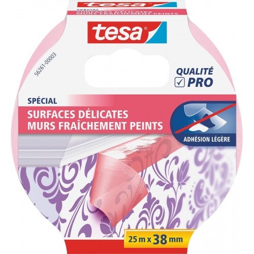 Adhésif masquage rose protection surfaces délicates peinture fraiche 38mm x  25m TESA