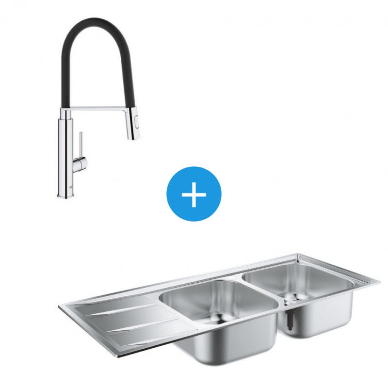 Pack évier inox 1 cuve K400 avec mitigeur de cuisine Concetto bec haut