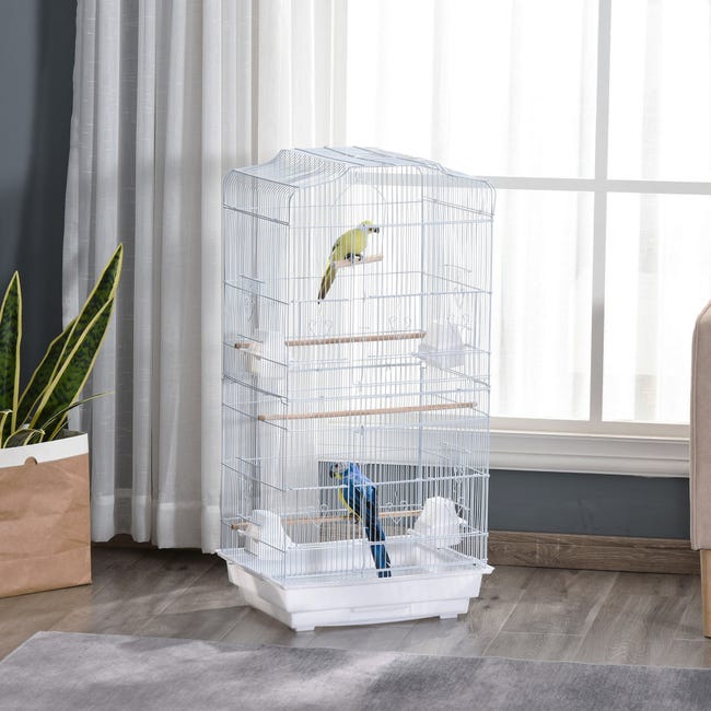 Cage à oiseaux volière avec mangeoires perchoirs plateau 2 portes blanc