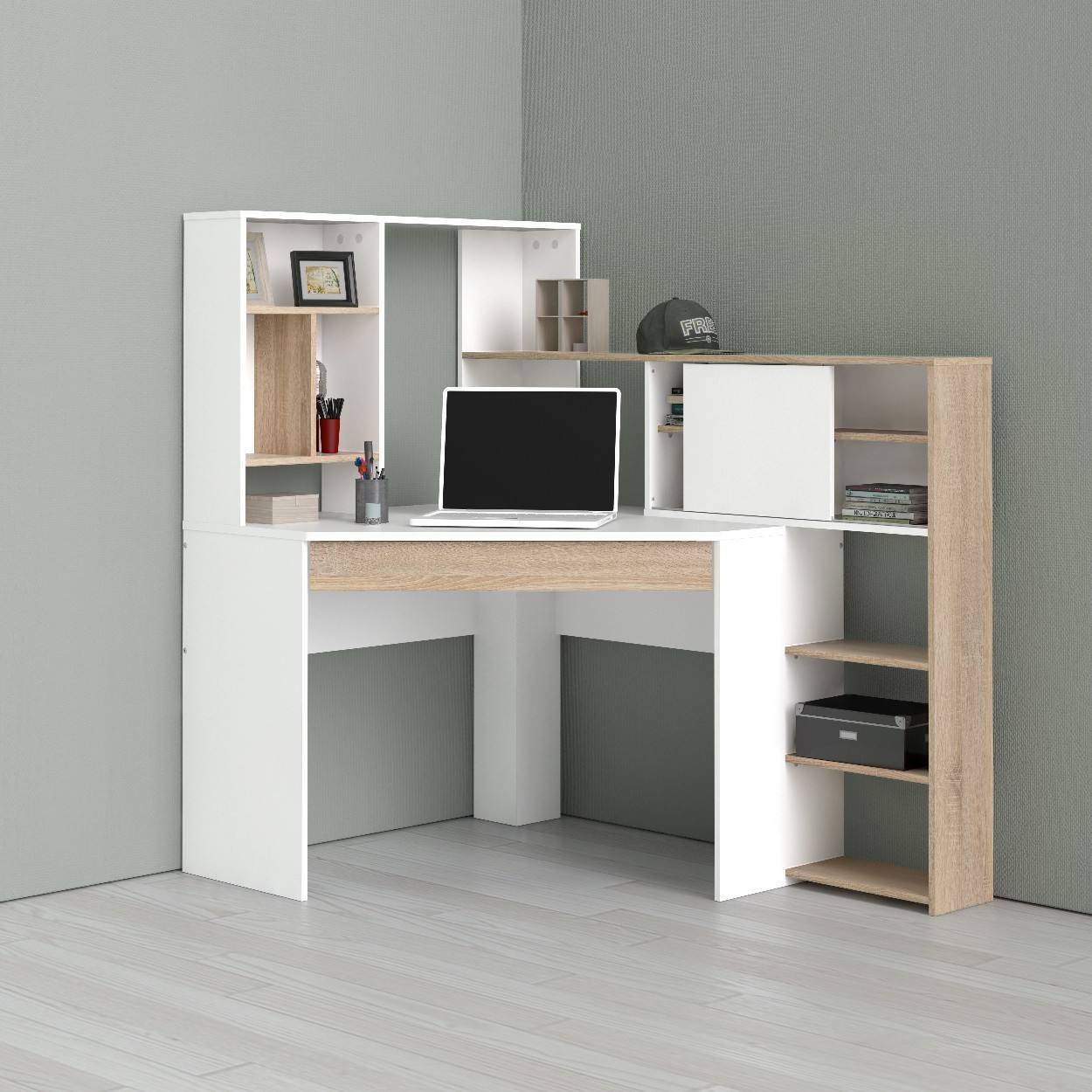 Scrivania angolare con libreria, colore bianco e rovere, cm 138 x 141 x 101