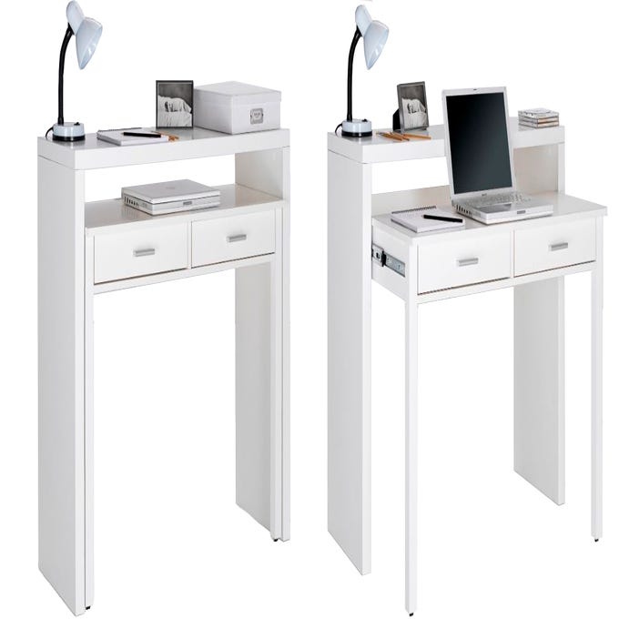 Mesa escritorio extensible, mesa estudio consola, acabado blanco, medidas:  98,6x86,9x36- 70 cm