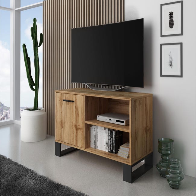 Mueble TV 100 con puerta izquierda, salón comedor, Modelo LOFT, color  estructura y de la puerta en Roble Rústico, medidas 95x40x57cm