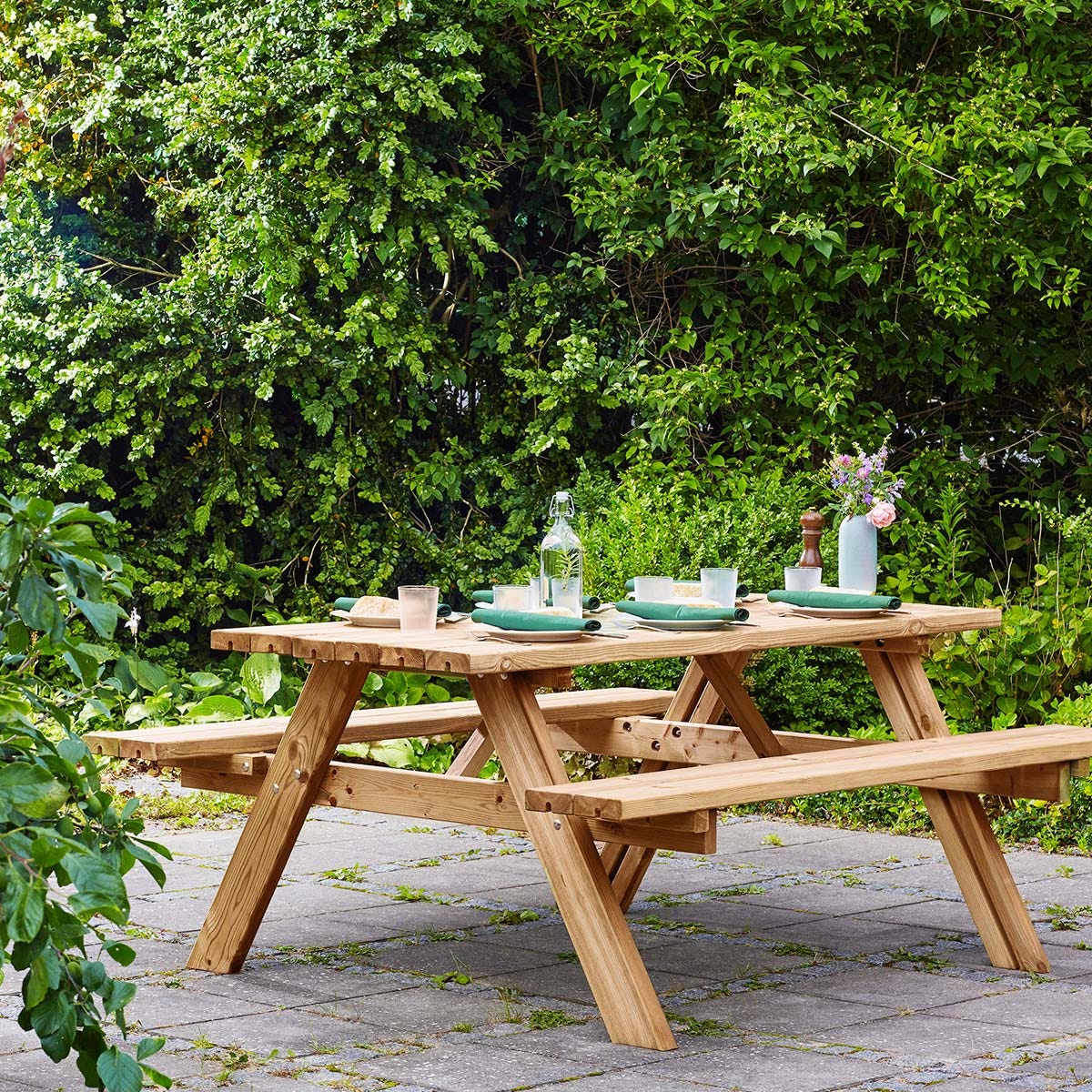 Table de pique-nique 8 personnes, table en bois pour extérieur avec bancs 