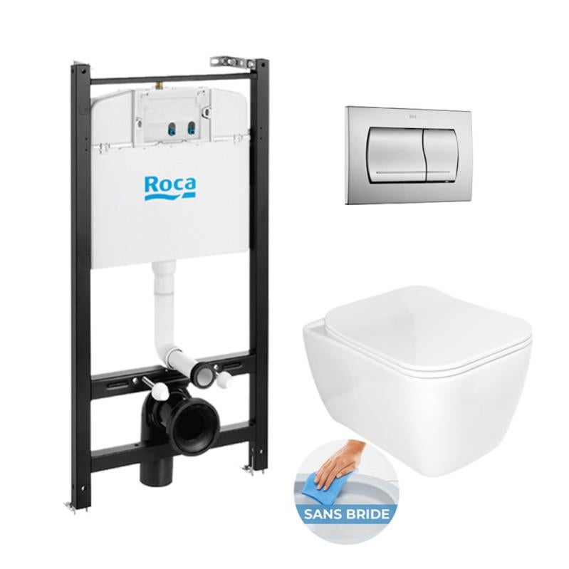 Roca Pack Bâtisupport ROCA ACTIVE + WC sans bride Idevit Havana + abattant ultra fin + plaque