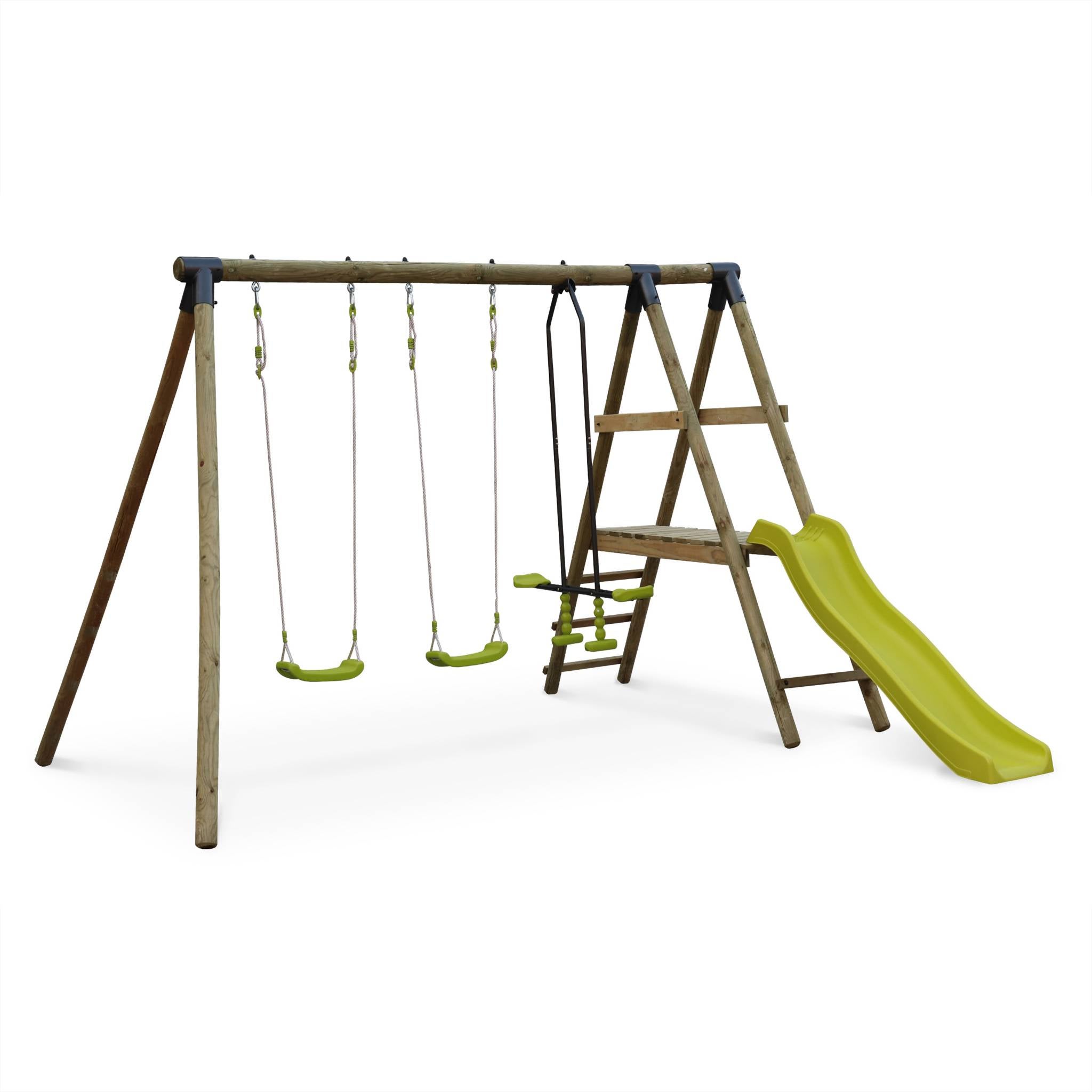 Aire de jeux MARIN en bois avec toboggan. 1 face à face. 2 balançoires. pin autoclave Leroy Merlin