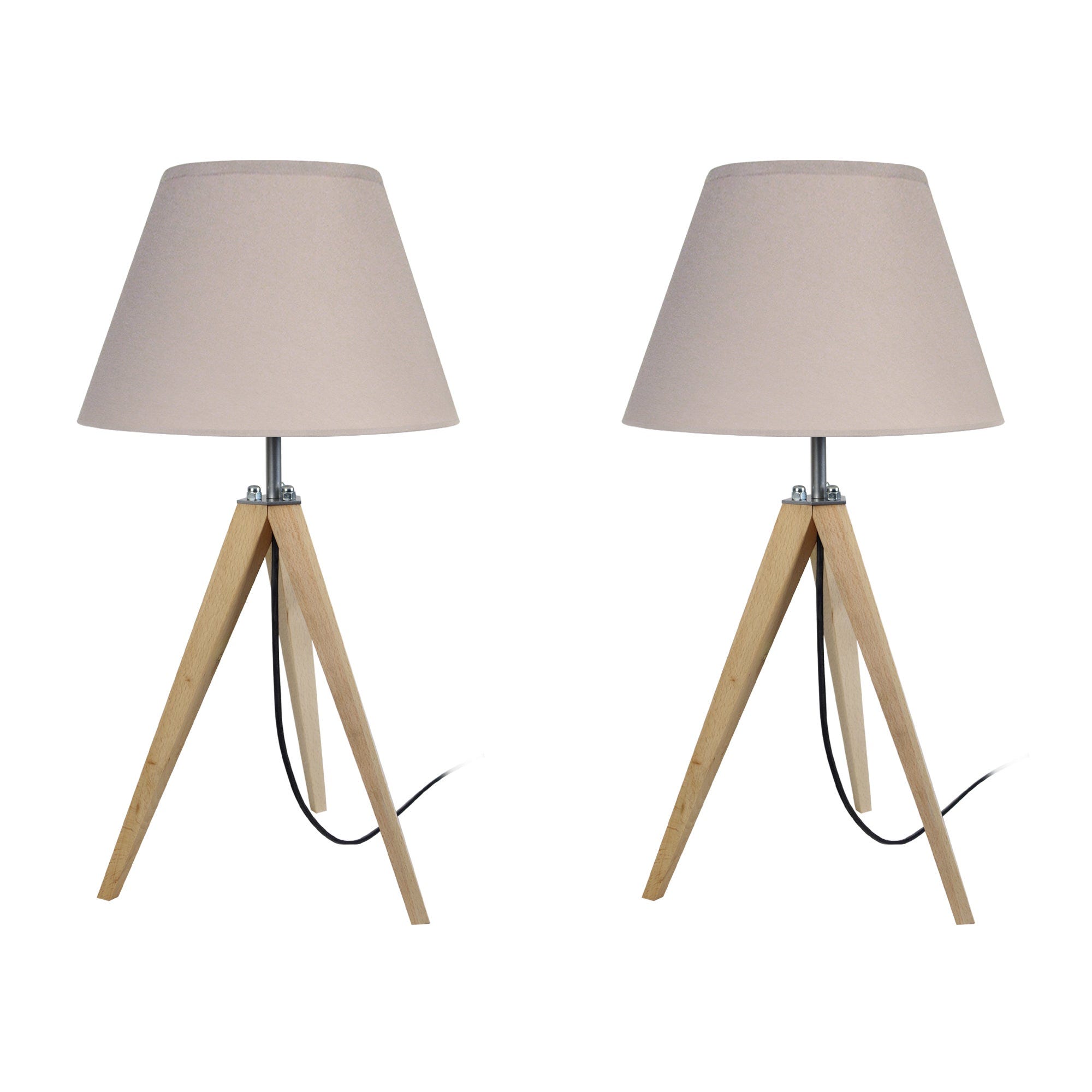 IDUN-Lot 2 - Lampe de chevet trépied bois naturel et taupe