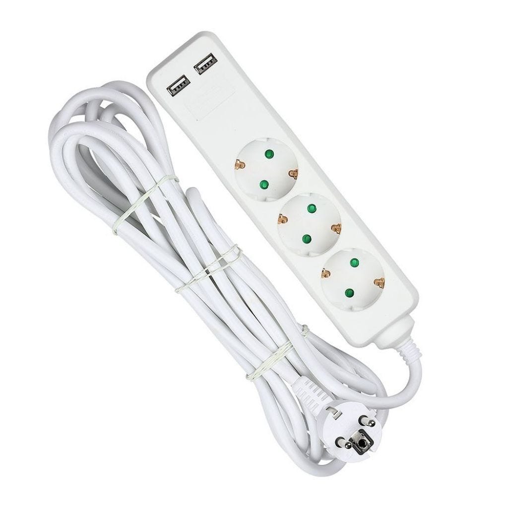 Bloc multiprises avec câble 5m 3 prises 10A 2P + Schuko 2 USB et  interrupteur d'éclairage Schuko plug Blanc