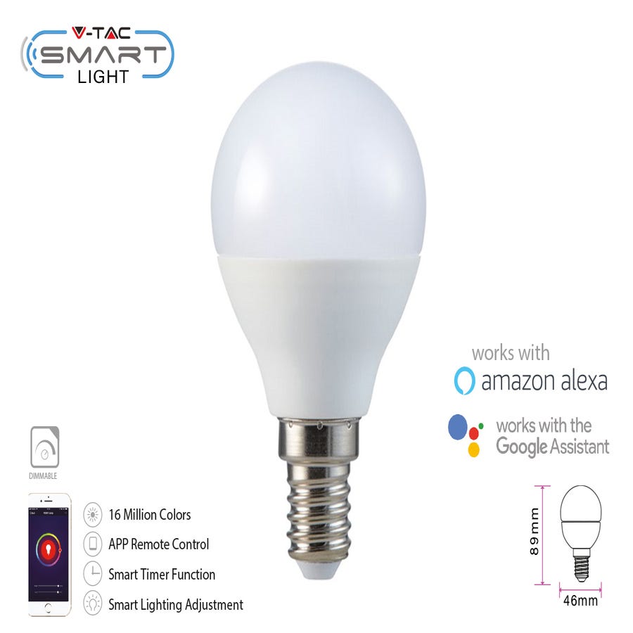 V-TAC Smart Lampada Led Bulb E14 P45 4,5W WiFi RGB CCT Dimmerabile