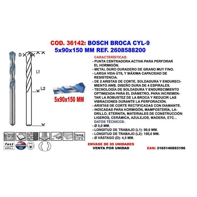 Bosch Brocas para hormigón CYL-5 4 x 50 x 90 mm