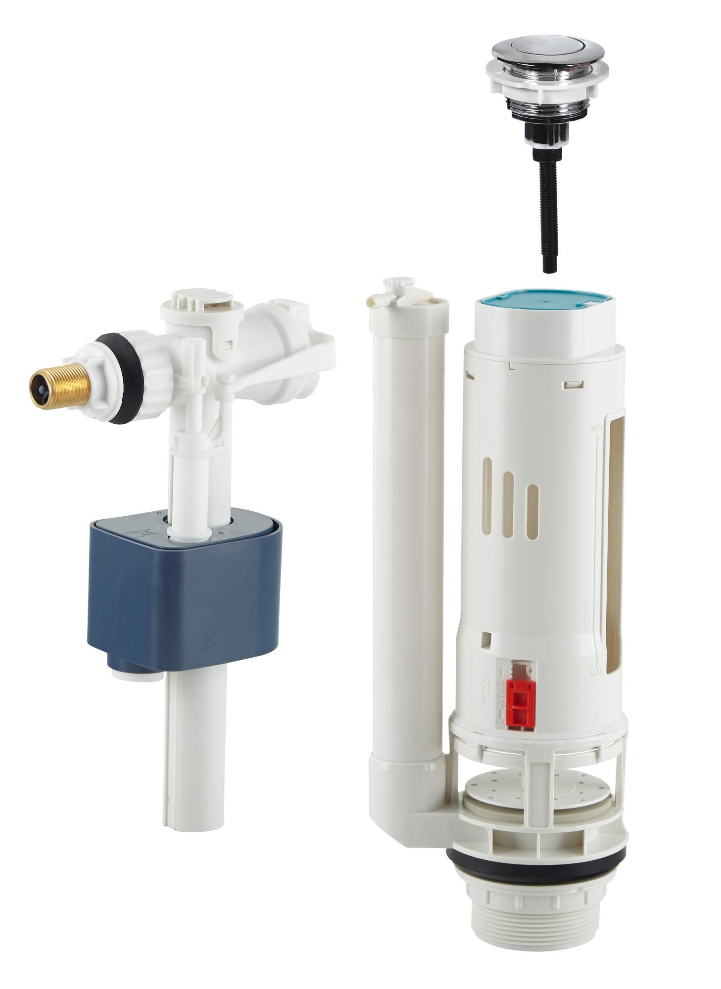 Conjunto de cisterna con válvula de flotador + Mecanismo de inodoro con  botón pulsador NOYON & THIEBAULT