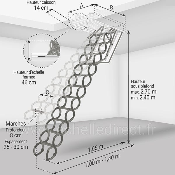 Escalier escamotable Bois - Hauteur sous Plafond 2.80m - Trémie 70x120cm -  LWS70120-2 : : Bricolage