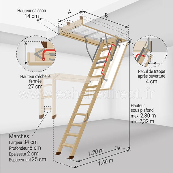 Escalier escamotable bois - Hauteur sous plafond 2.80m - Trémie