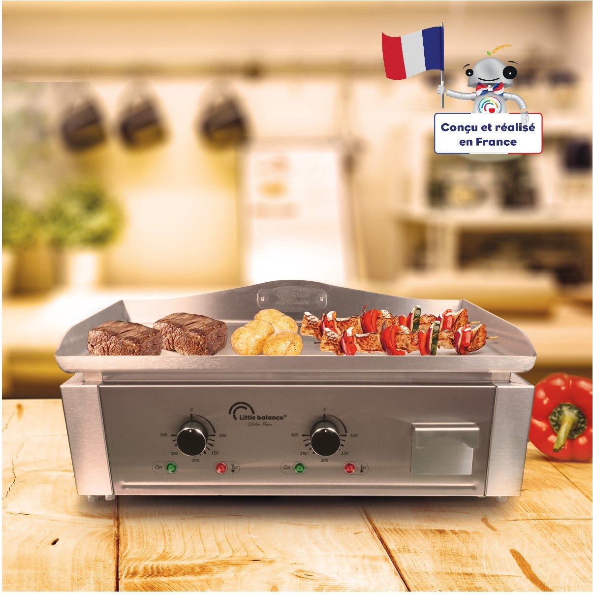 3500 W Plancha électrique professionnelle LITTLE BALANCE 8473 Aquitaine Pro Plus Fabrication française 2 zones de cuisson Couvercle Tout Inox 