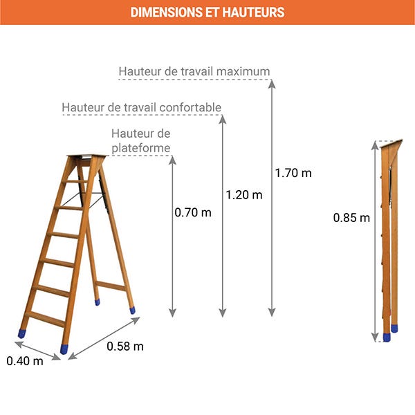 Escabeau bois 2x3 marches - Hauteur atteignable 2.30m - 71410/2x3