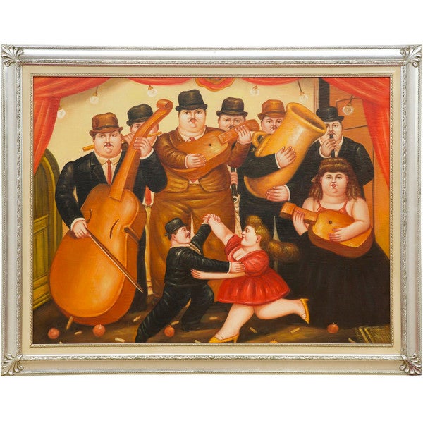 Dipinto a mano olio su tela con cornice in legno finitura foglia argento  MUSICA E DANZA BOTERO 140