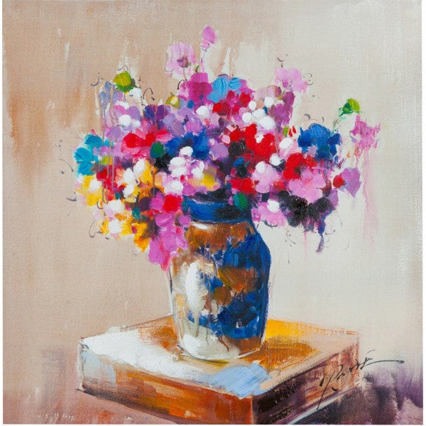 Quadro olio su tela dipinto a mano vaso fiori multicolor