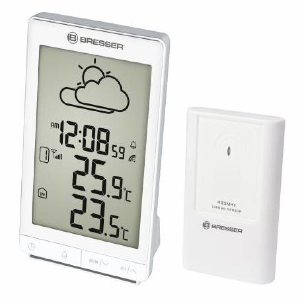 Station météo radio pilotée blanche STX avec thermomètre, réveil et grand  écran LCD - Bresser