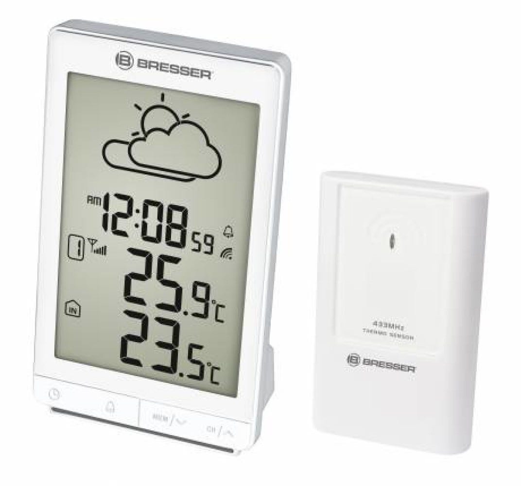Station météo radio pilotée blanche STX avec thermomètre, réveil et grand  écran LCD - Bresser