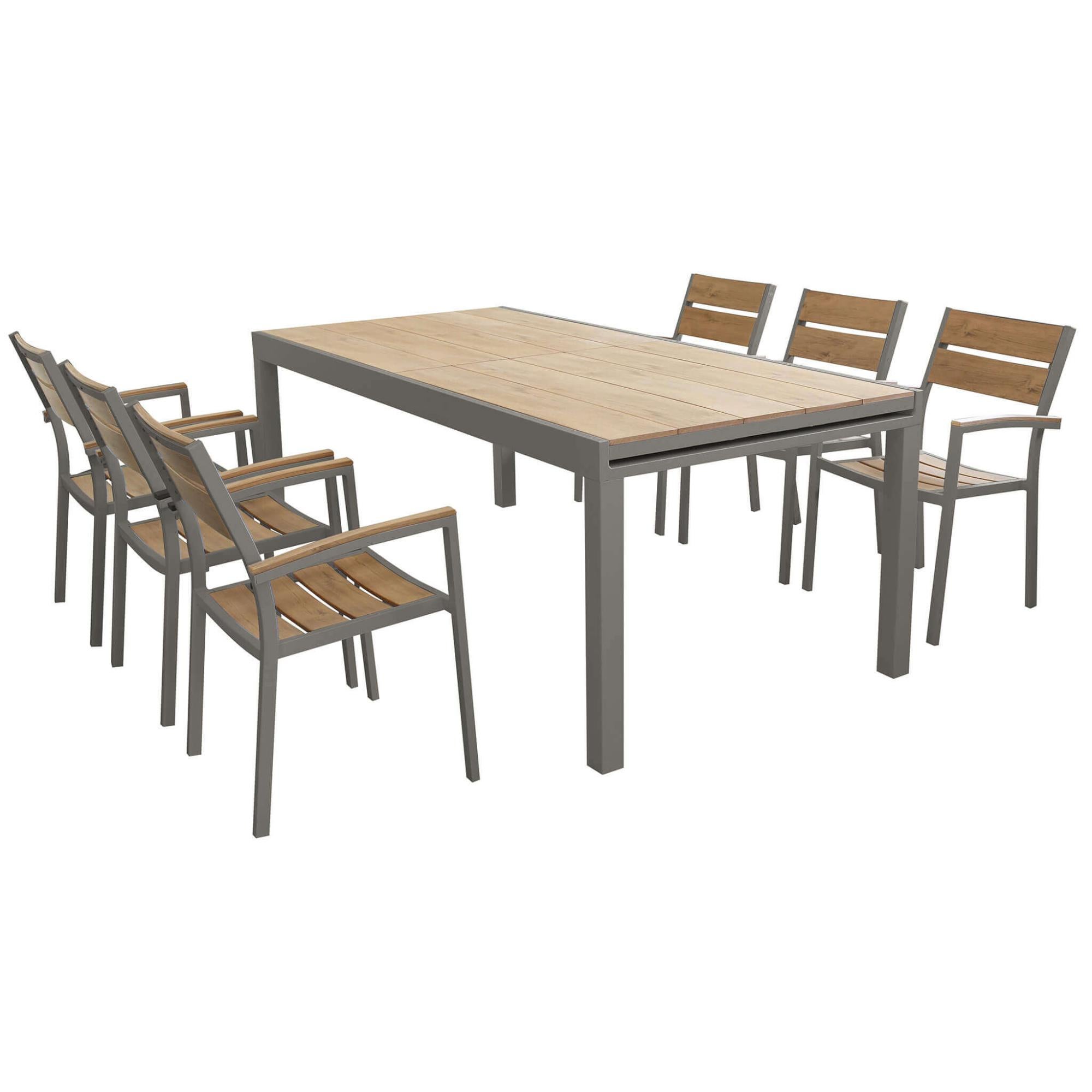 Set Tavolo Allungabile E 4 Sedie Da Giardino TRIUMPHUS – Struttura In Alluminio, Piano In Polywood, Colore Taupe. Dimensioni Tavolo 180/240x100x73h, Seduta 58x58x89h.