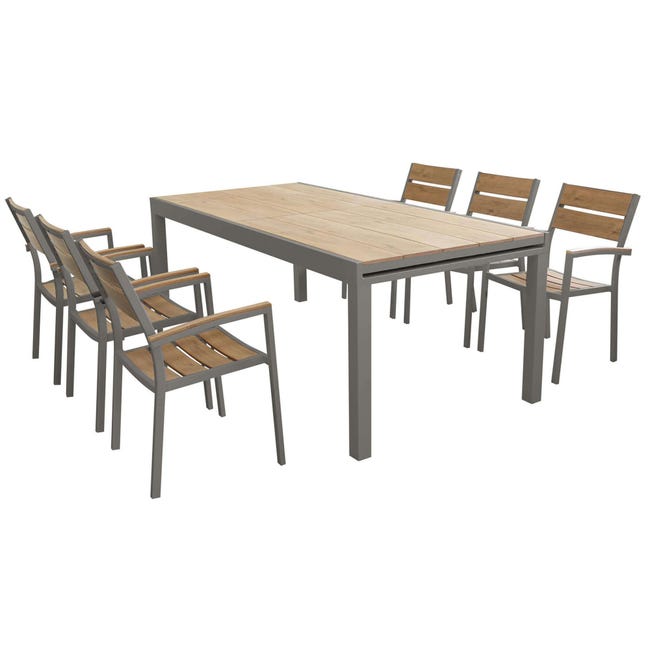 Set Tavolo Allungabile E 4 Sedie Da Giardino TRIUMPHUS – Struttura In Alluminio, Piano In Polywood, Colore Taupe. Dimensioni Tavolo 180/240x100x73h, Seduta 58x58x89h.