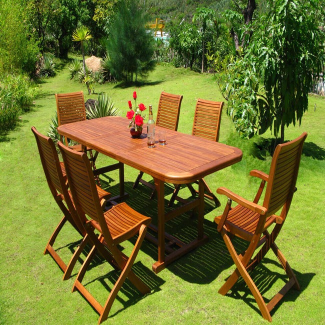 TURRIS Set tavolo giardino allungabile rettangolare 150/200x90 con 4 sedie  e 2 poltrone in legno di acacia massiccio per esterno