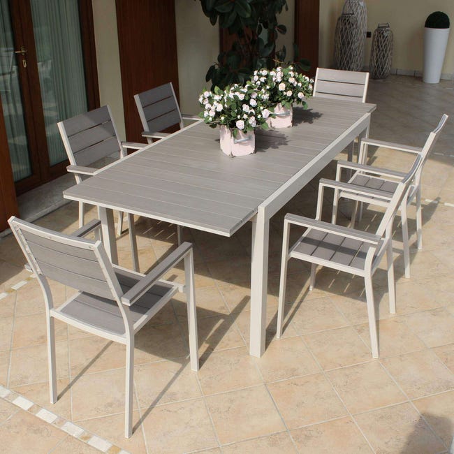 TRIUMPHUS Set tavolo giardino allungabile rettangolare 180/240x100 con 8  poltrone in alluminio tortora per esterno giardino