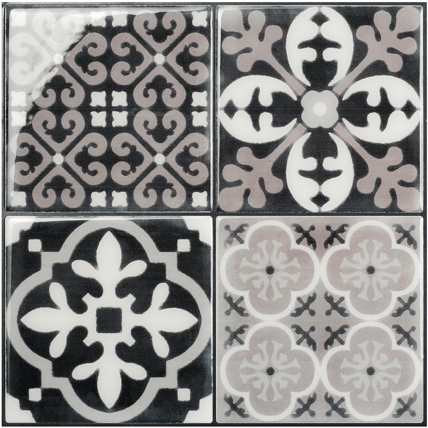 Azulejos adhesivos x4, 22.86 x 22.86cm - revestimiento de pared smart tiles vintage arezzo negro/blanco - vinilos murales de baño y cocina
