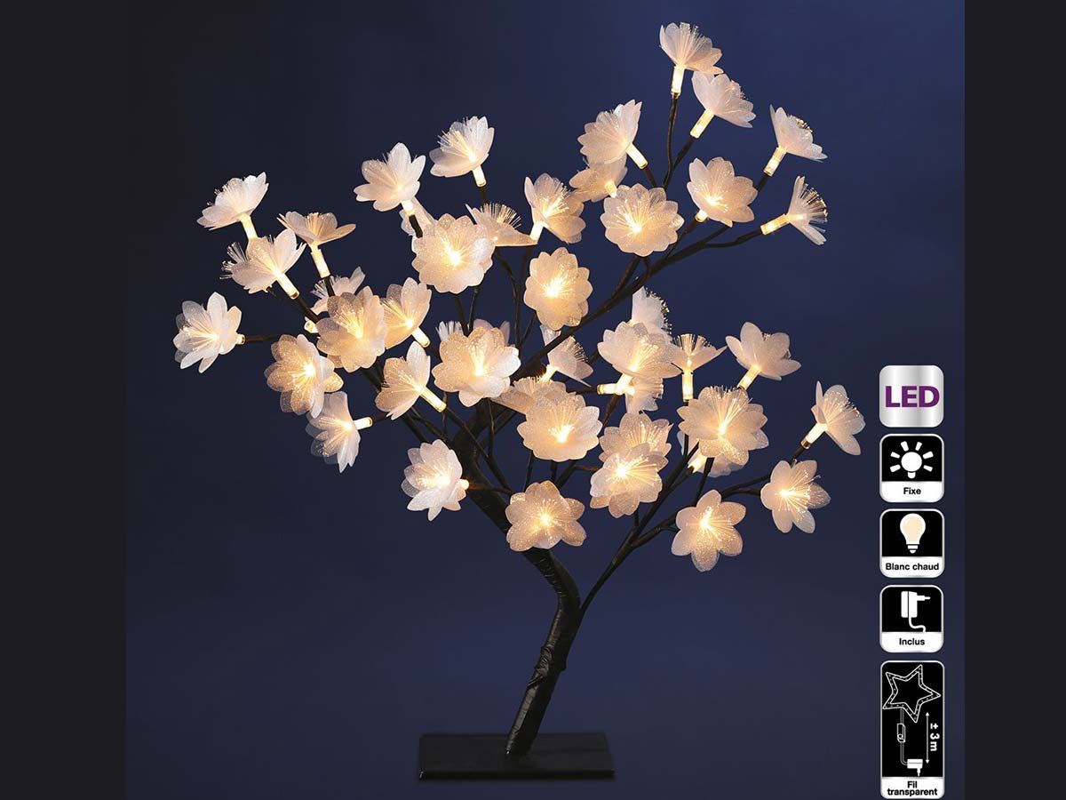 DECO NOËL Arbre fleur lumineux en fibre optique 48 LED blanc chaud Hauteur 50 cm 