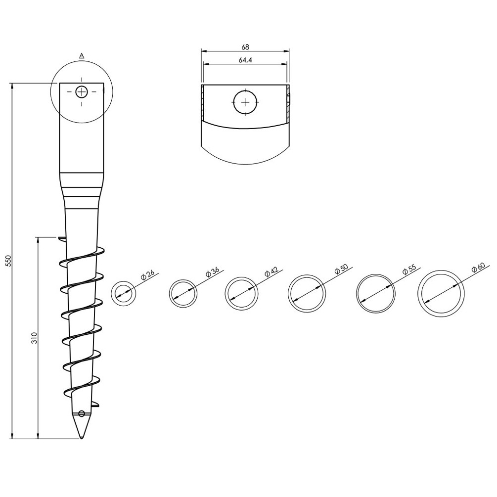 68 x L 68 x 550 x 1,8 mm 550 mm Pied de poteau de jardin rond zingué à tarauder avec accessoires NM D