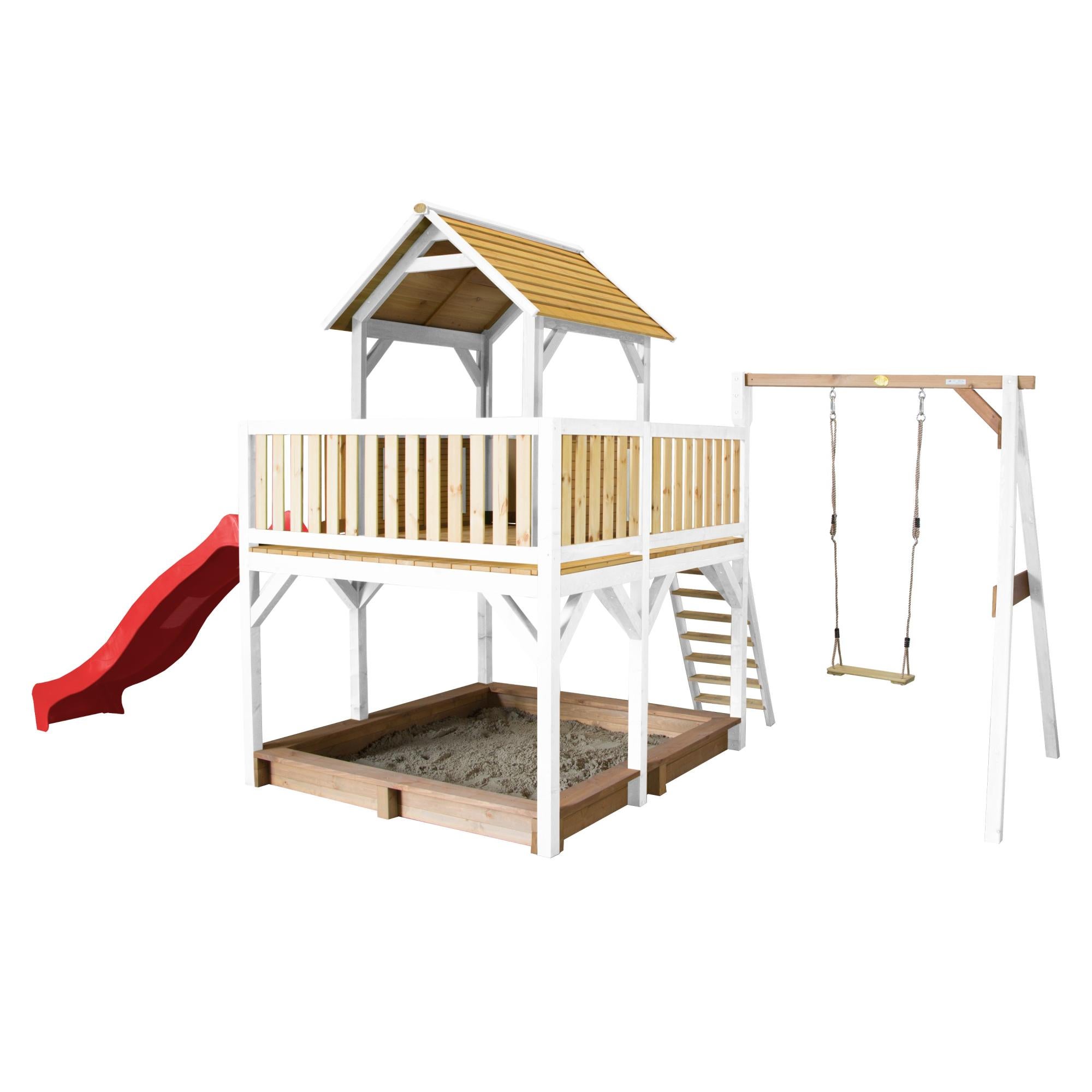 AXI Atka Maison Enfant avec Bac à Sable, Balançoire & Toboggan Rouge