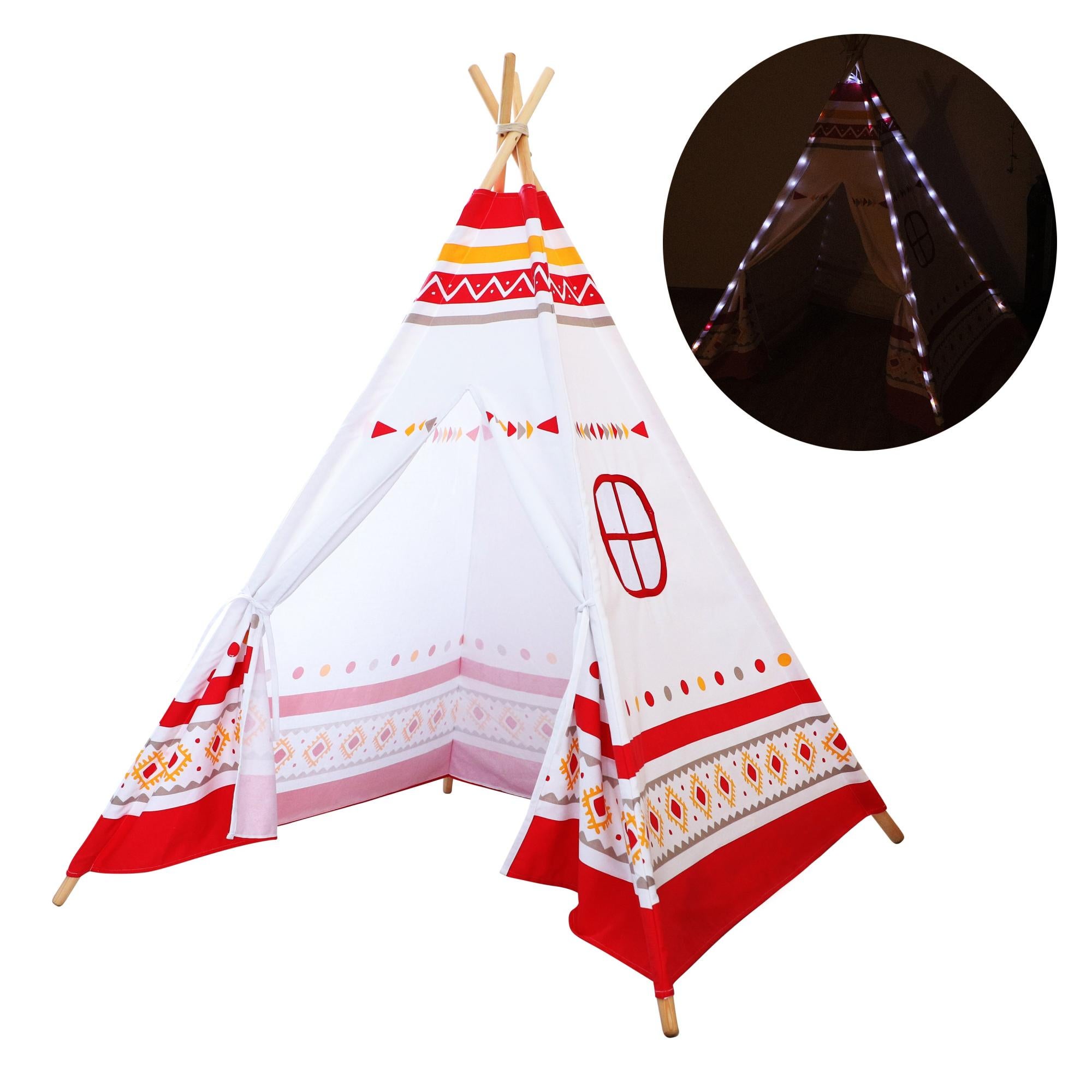 GOPLUS Grande Tente Tipi Enfant Intérieur/extérieur, 157x98x148 Cm, Avec Lumières, Drapeaux, 2 Portes Et Fenêtres - Lavable En Machine - Dès 3 Ans