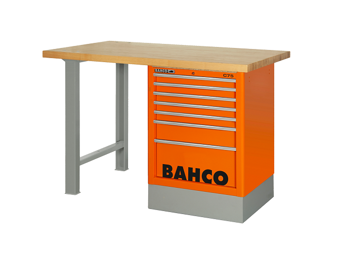 Etabli d'atelier en bois 150 cm 6 tiroirs orange avec 2 pieds 1495K6CWB15TW  Bahco