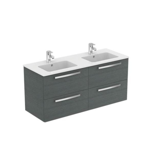 Porcher Ensemble Ulysse Meuble Suspendu Bois Grise 120cm Lavabo Plan Double Vasque 4 Tiroirs Leroy Merlin