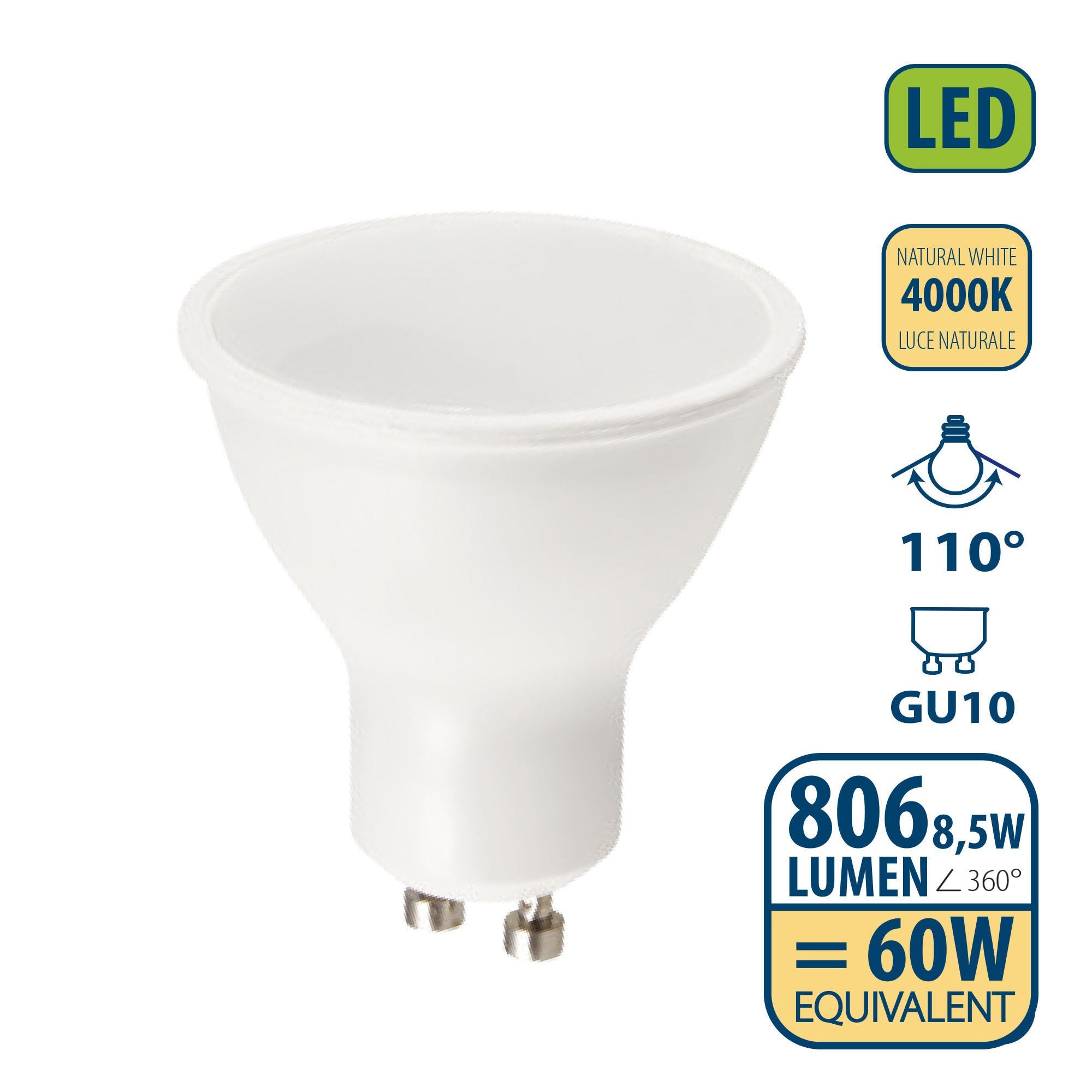 Ampoule LED SMD, spot GU10, 230V, 8,5W / 806lm, 4000K, 110°