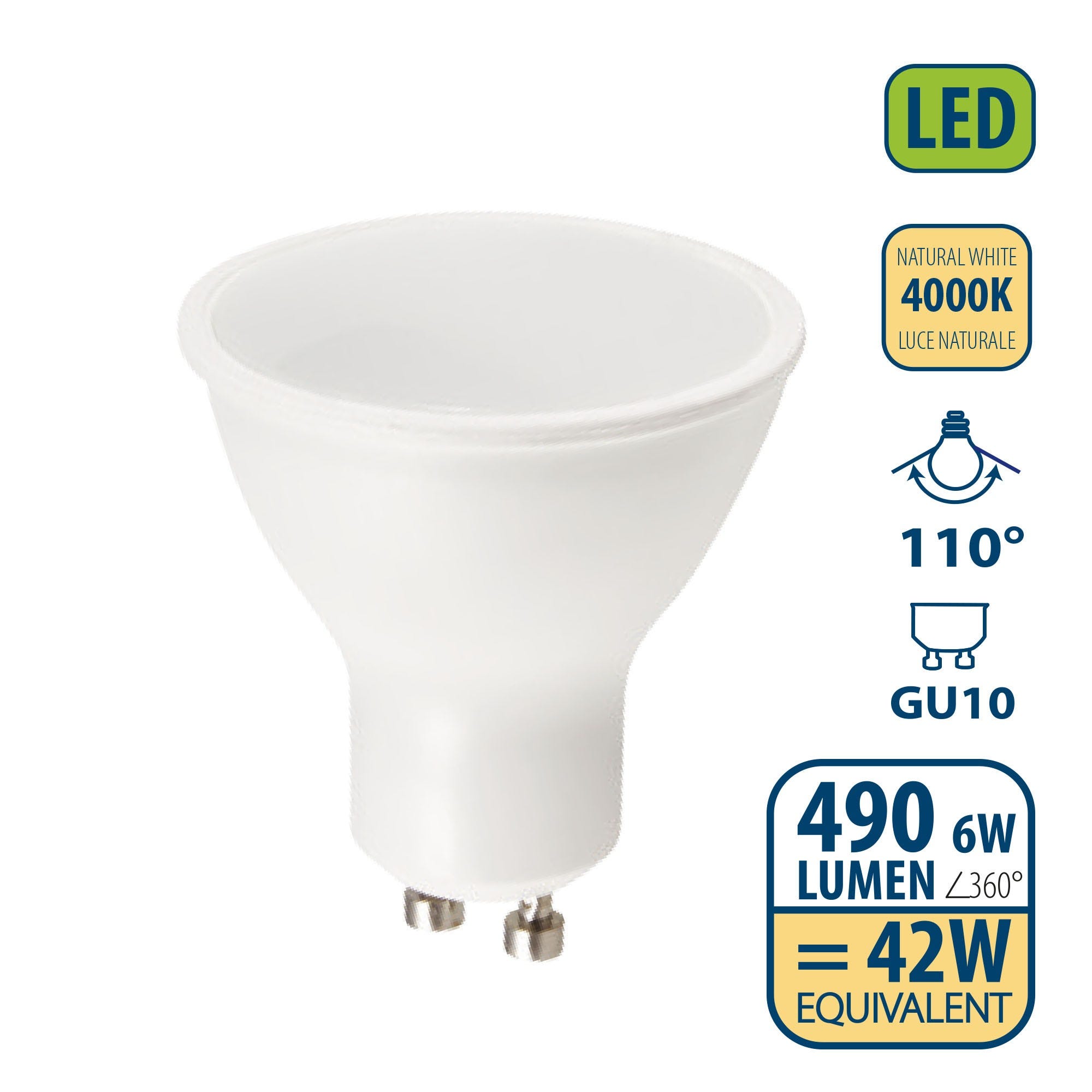 Lampadina SMD LED, Spot attacco GU10, 230V, 6W/490lm, 4000K, 110°
