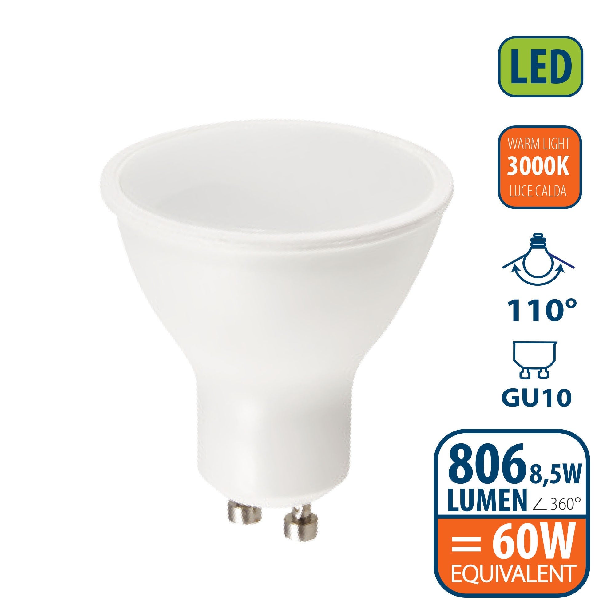 Ampoule LED SMD, spot GU10, 230V, 8,5W / 806lm, 3000K, 110