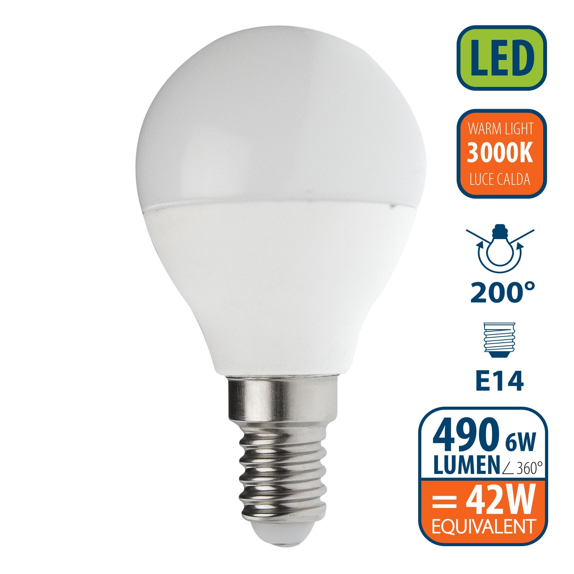 Ampoule LED SMD, sphère P45, 6W / 490lm, culot E14, 3000K